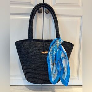 Chic Black Tote with Vibrant Blue Scarf
